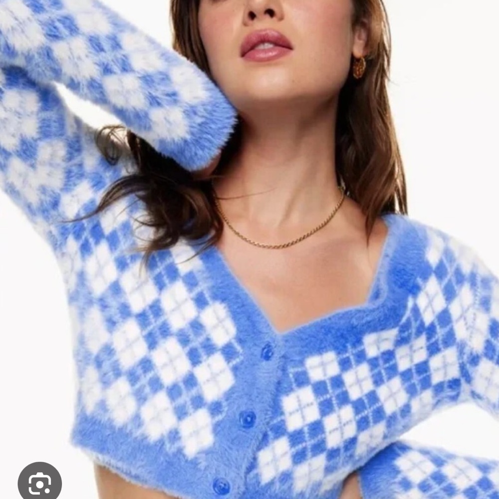 Aritzia Sunday Best Reese fuzzy argyle cardigan